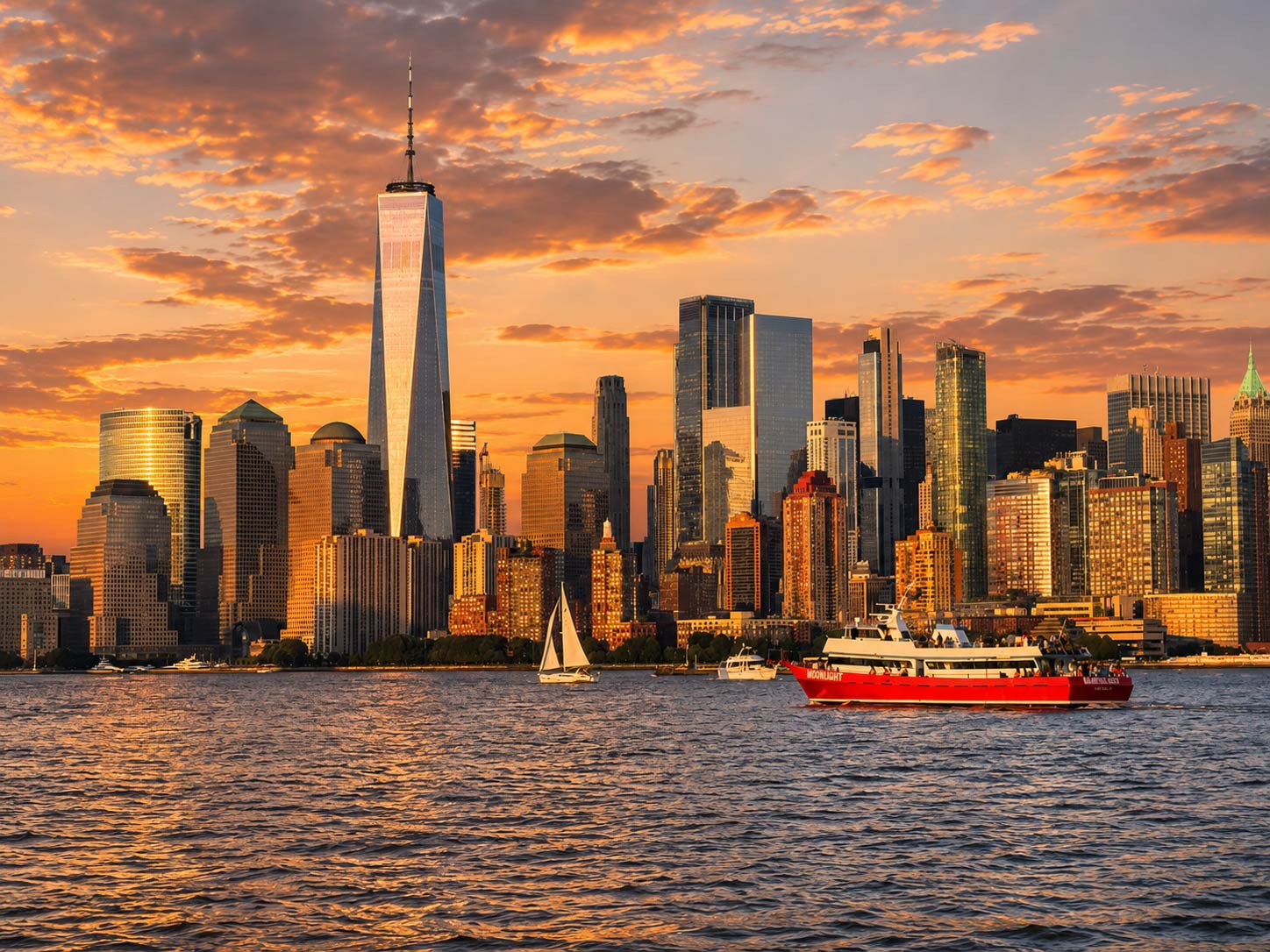 Statue of Liberty at sunset from the water